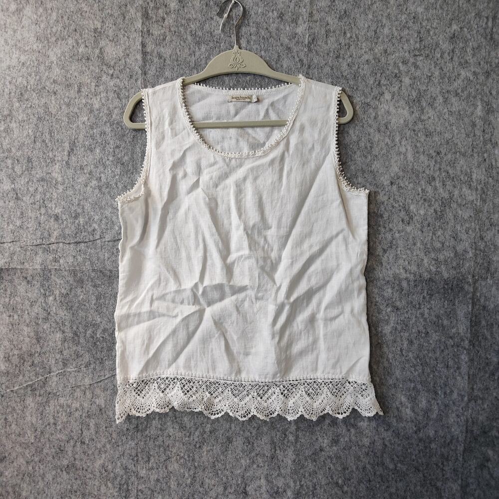 Summer Coastal Travel Italian Laura Bianchi White Linen Sleeveless Lace Trim Top